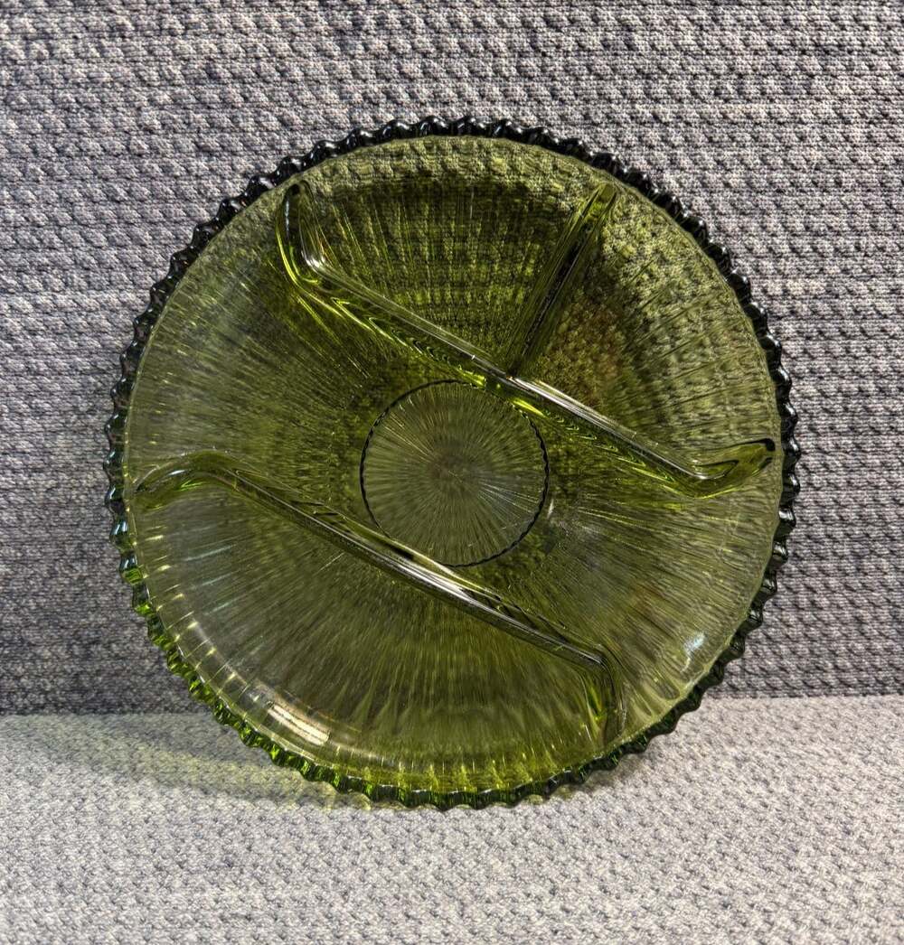 Vintage Olive Green Indiana Glass 10" Divided Serving Dish